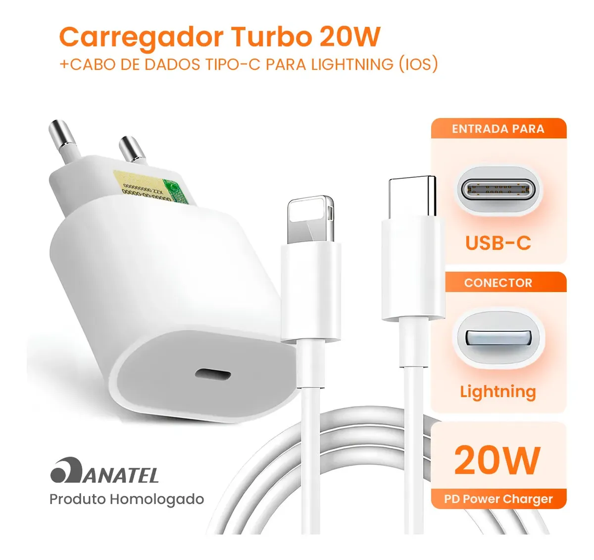 Carregador Compativel Com iPhone 8 X Xr 11 12 13 14 Pro Max Turbo Fonte Tipo C Boyu Cell